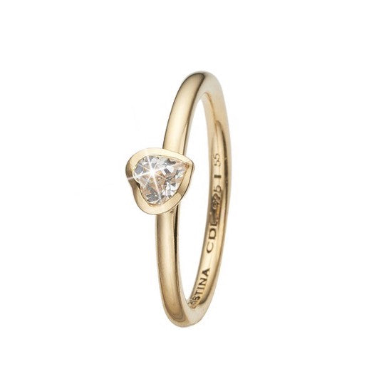 Promise ring i forgyldt sølv med hjerteformet klar zirkonia fra Christina Jewelry & Watches.